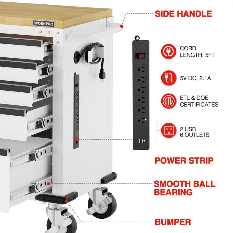 WORKPRO 52" Rollbare Werkzeugkiste mit Rädern, 5-Schubladen-Modell mit Schrank