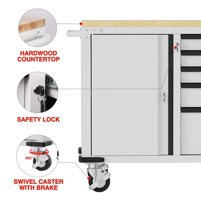 WORKPRO 52" Rollbare Werkzeugkiste mit Rädern, 5-Schubladen-Modell mit Schrank