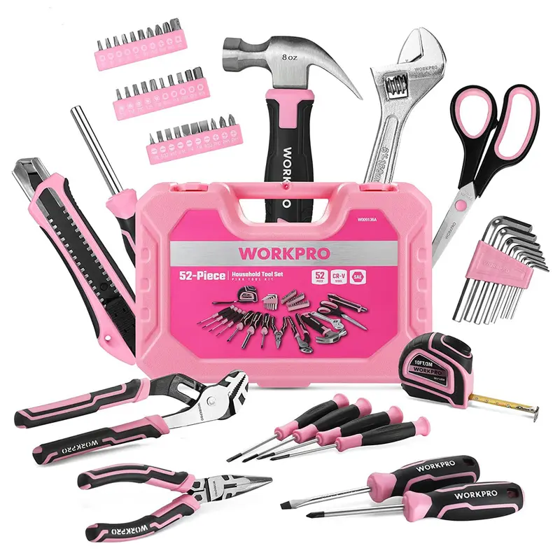 WORKPRO 52-teiliges rosa Werkzeugset, Heimwerkzeugset für Frauen mit Aufbewahrungsbox, Basis-Werkzeugset – Rosa Band