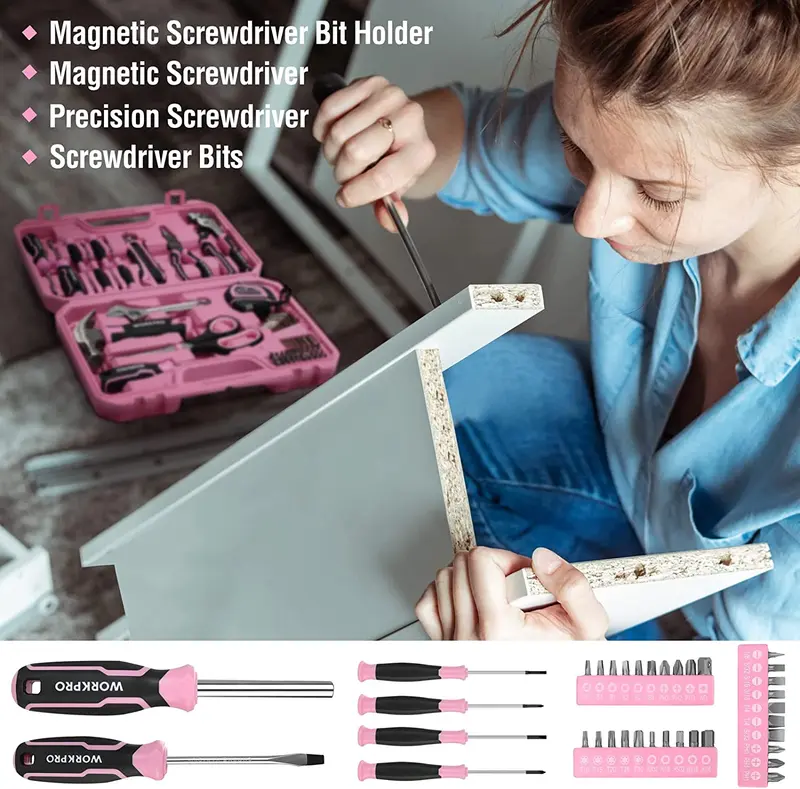 WORKPRO 52-teiliges rosa Werkzeugset, Heimwerkzeugset für Frauen mit Aufbewahrungsbox, Basis-Werkzeugset – Rosa Band