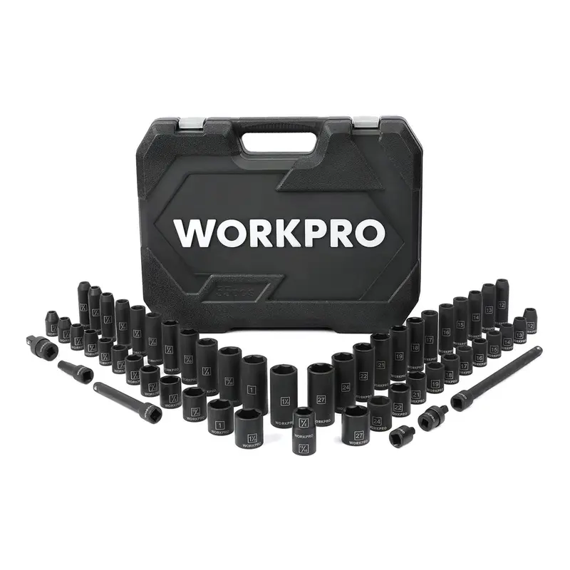 WORKPRO 55-teiliges 1/2-Zoll-Anschlagbuchsen-Set mit Verlängerungsstangen, hochwertiger Chrom-Vanadium-Stahl, SAE- und metrische Buchsen mit verbessertem Aufbewahrungs-Koffer