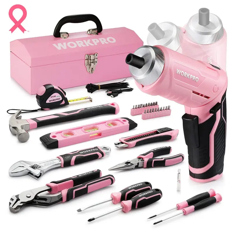 WORKPRO 55-tlg./75-tlg. Haushaltswerkzeug-Set in Rosa mit 3,7 V drehbarem Akku-Schrauber – Rosa Band