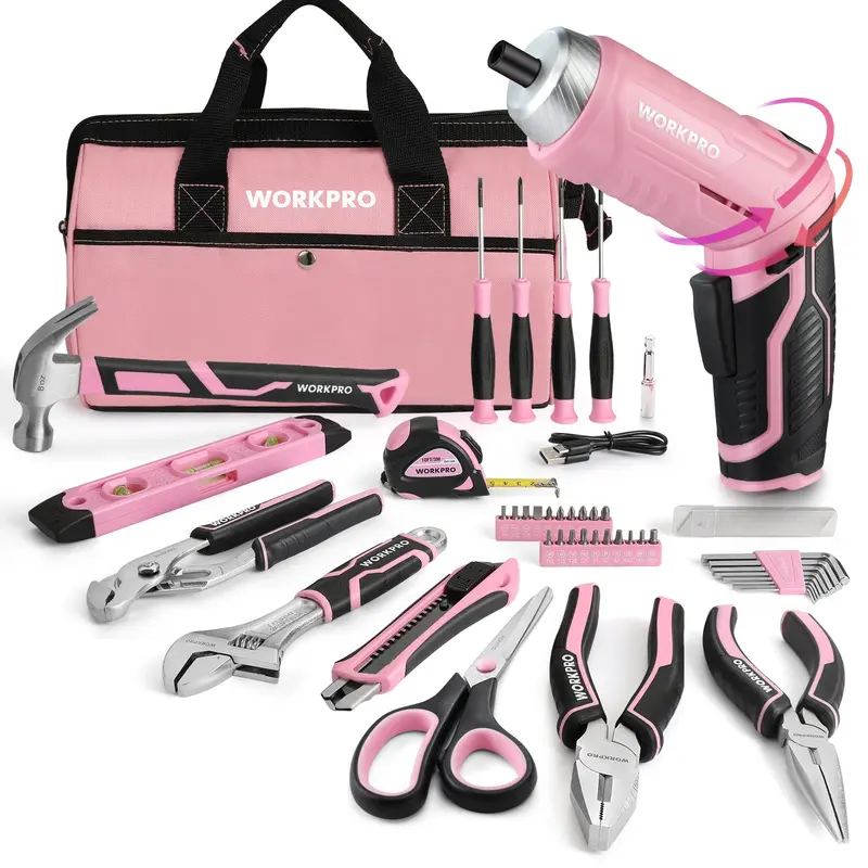 WORKPRO 55-tlg./75-tlg. Haushaltswerkzeug-Set in Rosa mit 3,7 V drehbarem Akku-Schrauber – Rosa Band 2