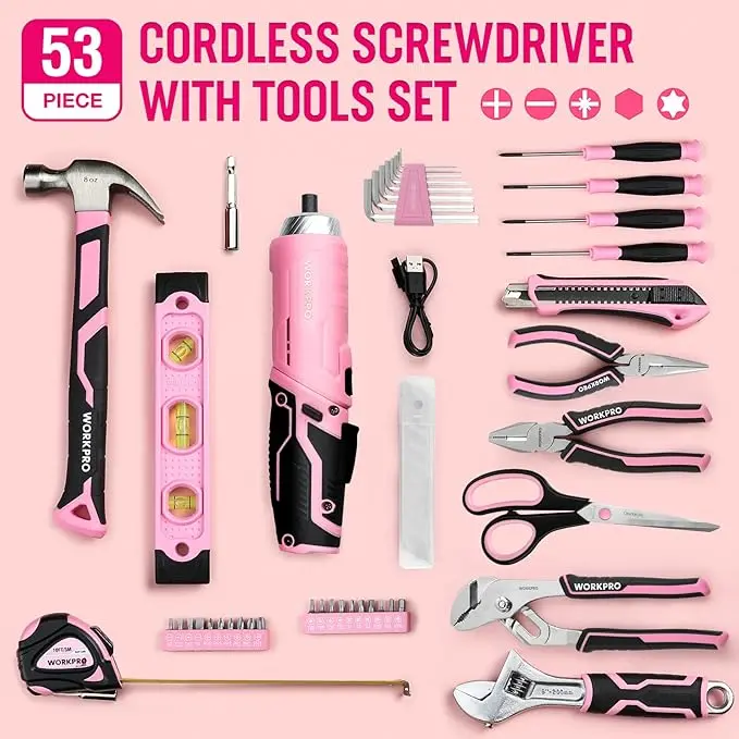 WORKPRO 55-tlg./75-tlg. Haushaltswerkzeug-Set in Rosa mit 3,7 V drehbarem Akku-Schrauber – Rosa Band