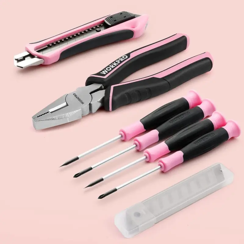 WORKPRO 55-tlg./75-tlg. Haushaltswerkzeug-Set in Rosa mit 3,7 V drehbarem Akku-Schrauber – Rosa Band