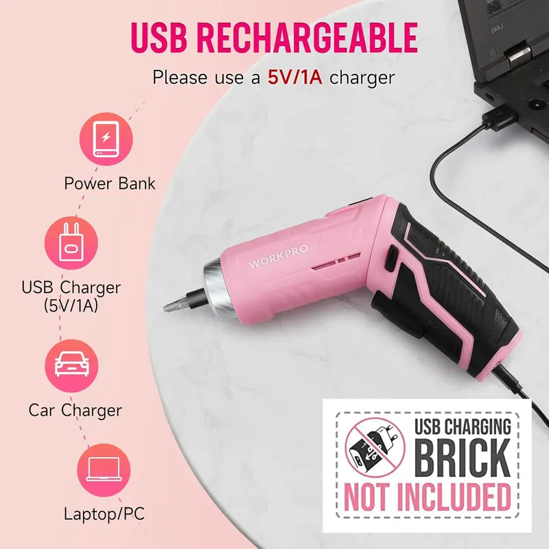 WORKPRO 55-tlg./75-tlg. Haushaltswerkzeug-Set in Rosa mit 3,7 V drehbarem Akku-Schrauber – Rosa Band