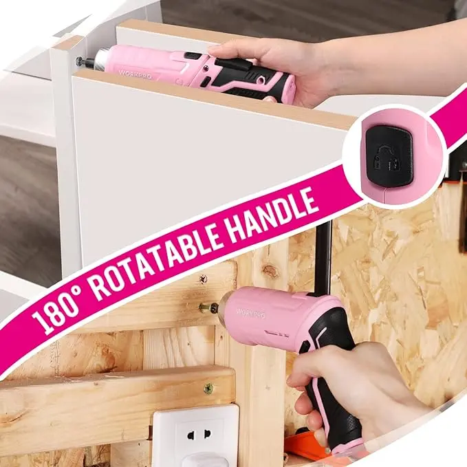WORKPRO 55-tlg./75-tlg. Haushaltswerkzeug-Set in Rosa mit 3,7 V drehbarem Akku-Schrauber – Rosa Band