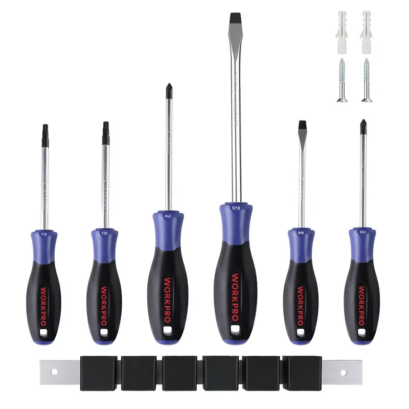 WORKPRO 6-teiliges magnetisches Schraubendreherset mit Aufbewahrungsorganizer – Flach-, Schlitz-, Kreuz- und Torx-Schraubendreher, verchromte CR-V-Schafte, rutschfeste Griffe