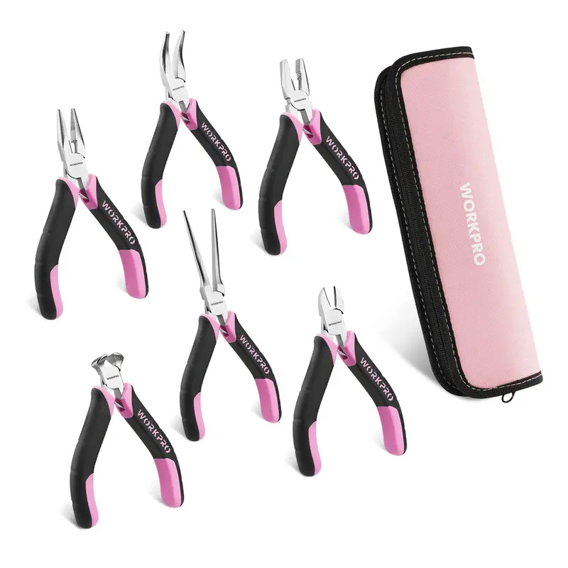 WORKPRO 6-teiliges Mini-Zangen-Set mit rosa Aufbewahrungstasche – Pink Ribbon