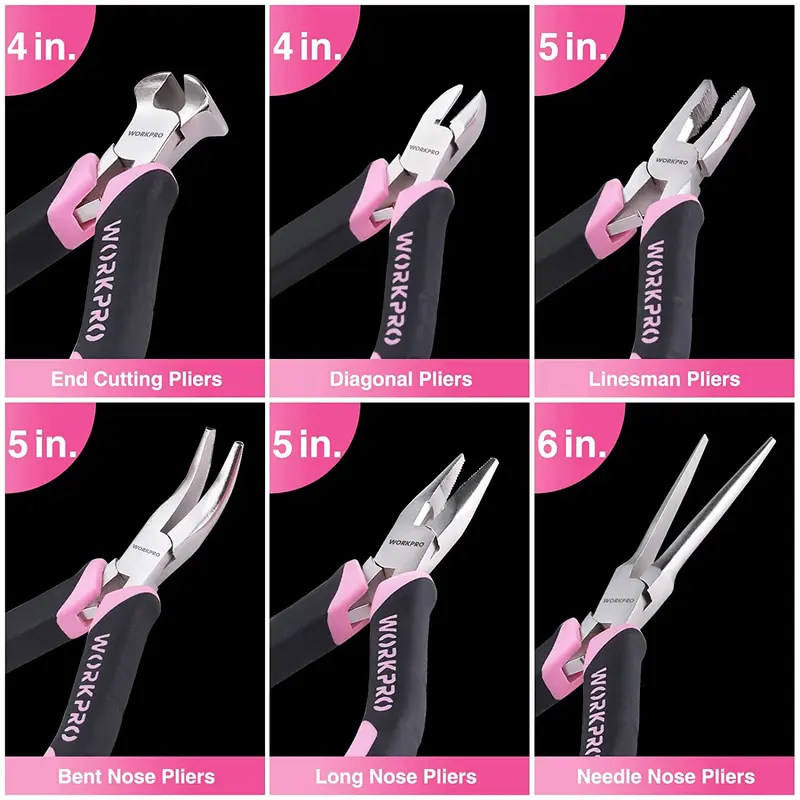 WORKPRO 6-teiliges Mini-Zangen-Set mit rosa Aufbewahrungstasche – Pink Ribbon