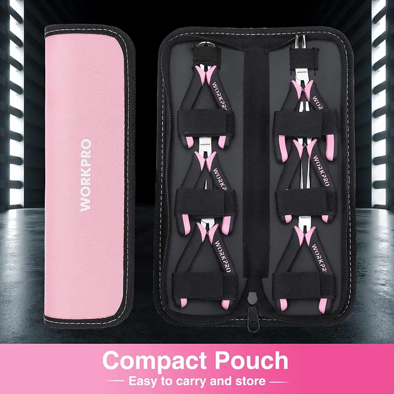 WORKPRO 6-teiliges Mini-Zangen-Set mit rosa Aufbewahrungstasche – Pink Ribbon