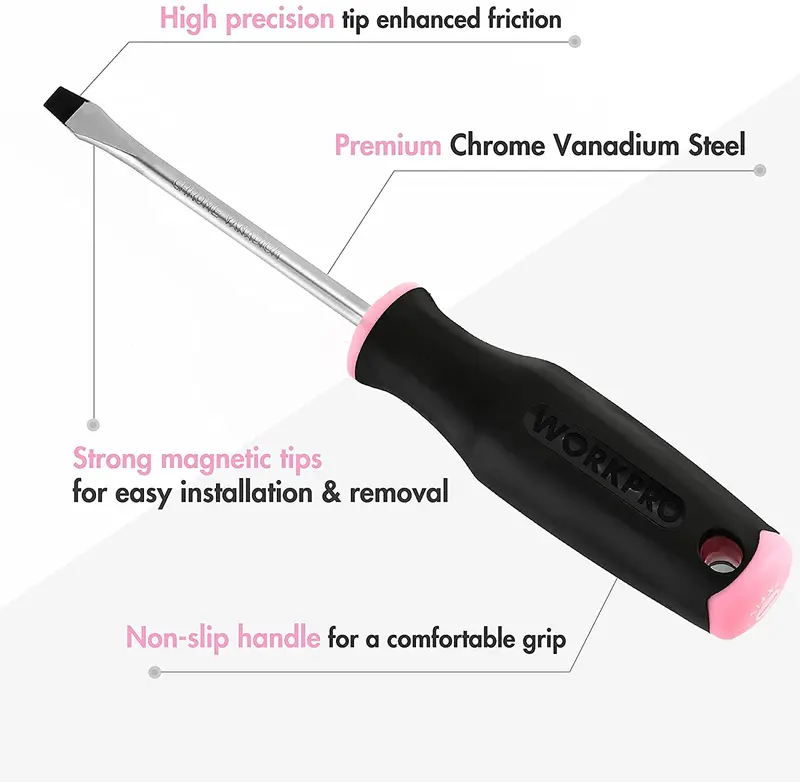 WORKPRO 6-teiliges pinkes magnetisches Schraubendreherset – Pink Ribbon