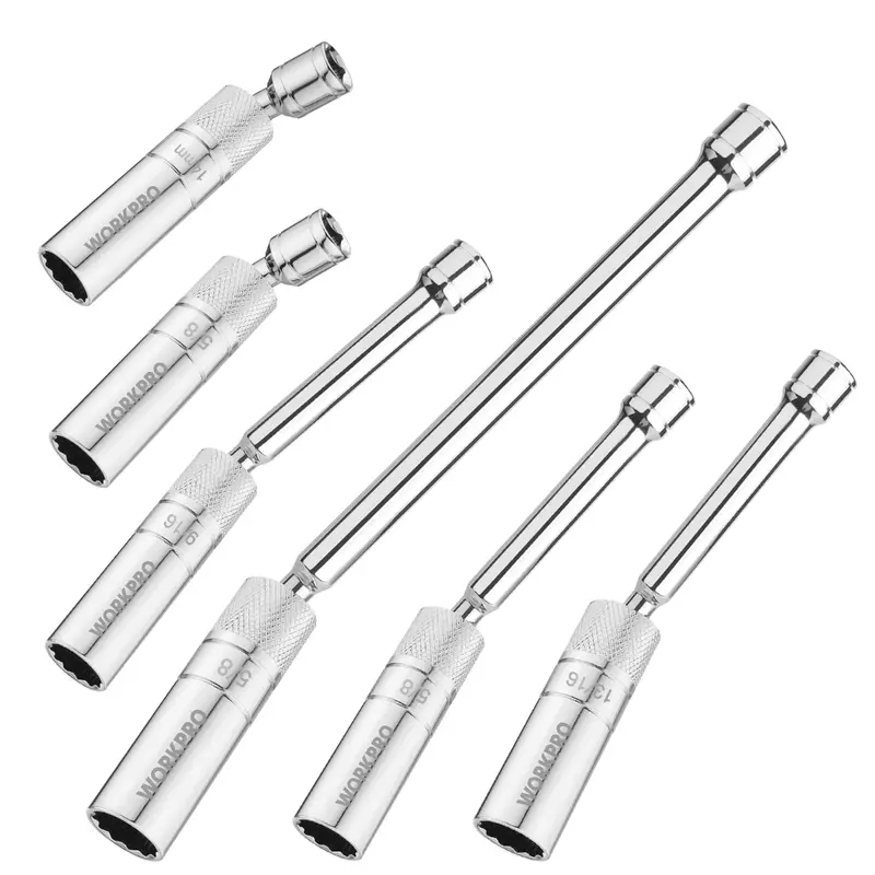 WORKPRO 6-teiliges Steckschlüssel-Set: 9/16 Zoll, 5/8 Zoll, 13/16 Zoll und 14 mm mit dünnwandigen Steckschlüsseln sowie 4-, 6- und 11-Zoll-Verlängerungen – magnetisches, schwenkbares Zündkerzen-Steckschlüssel-Set