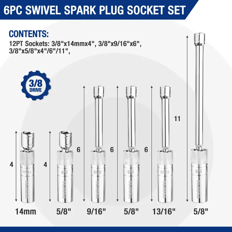 WORKPRO 6-teiliges Steckschlüssel-Set: 9/16 Zoll, 5/8 Zoll, 13/16 Zoll und 14 mm mit dünnwandigen Steckschlüsseln sowie 4-, 6- und 11-Zoll-Verlängerungen – magnetisches, schwenkbares Zündkerzen-Steckschlüssel-Set 2