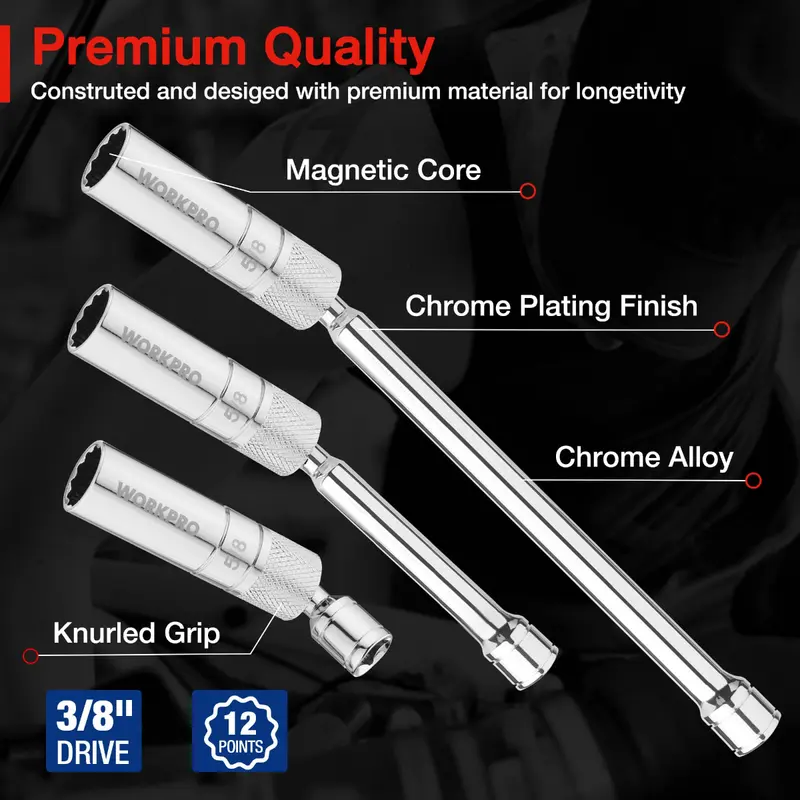 WORKPRO 6-teiliges Steckschlüssel-Set: 9/16 Zoll, 5/8 Zoll, 13/16 Zoll und 14 mm mit dünnwandigen Steckschlüsseln sowie 4-, 6- und 11-Zoll-Verlängerungen – magnetisches, schwenkbares Zündkerzen-Steckschlüssel-Set