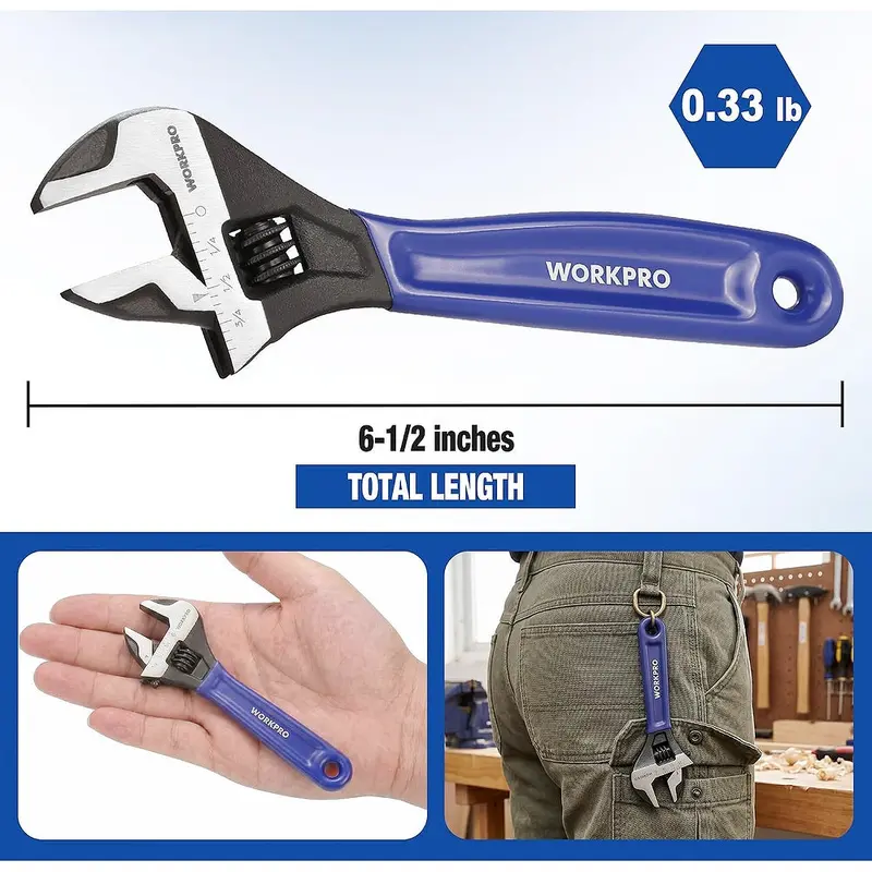 WORKPRO 6-Zoll-kompakter verstellbarer Schraubenschlüssel, breiter Backen aus Chrom-Vanadium-Stahl mit schwarzer Oxidbeschichtung – für mittelschwere Anwendungen (M6–M16-Schrauben), mit metrischer und SAE-Skala – ideal für Heim-, Garage-, DIY- und leichte Werkstattanwendungen