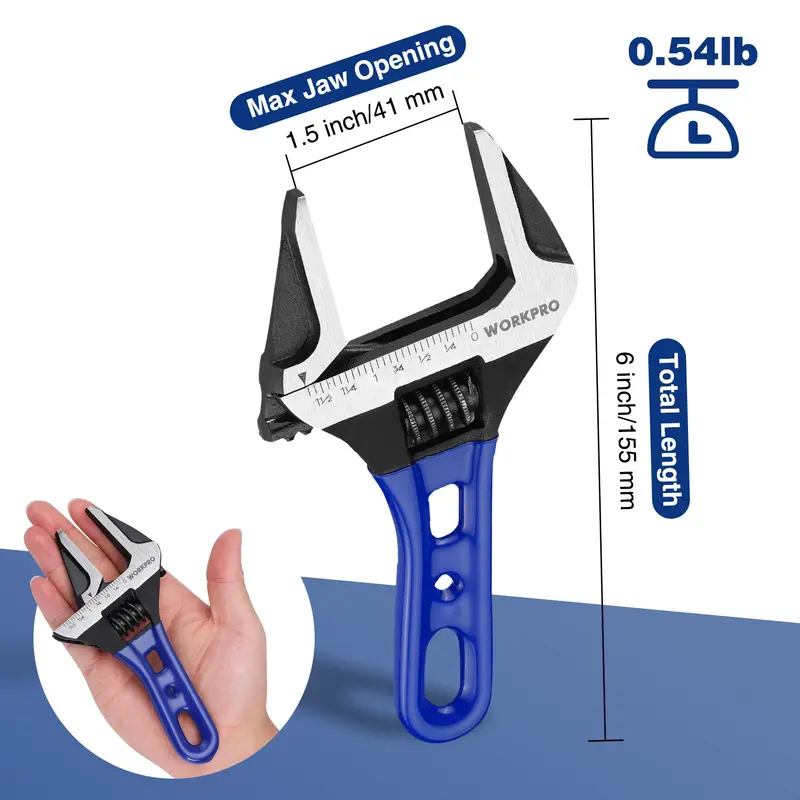 WORKPRO 6-Zoll-Kurzschlüssel mit verstellbarem Maul, 1,5-Zoll-extra-weites Maulöffnungsmaß, Skalen in metrischen und SAE-Maßeinheiten 2