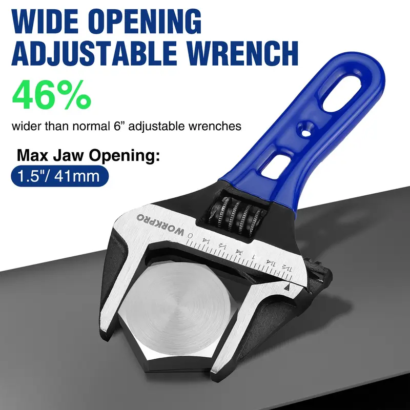 WORKPRO 6-Zoll-Kurzschlüssel mit verstellbarem Maul, 1,5-Zoll-extra-weites Maulöffnungsmaß, Skalen in metrischen und SAE-Maßeinheiten