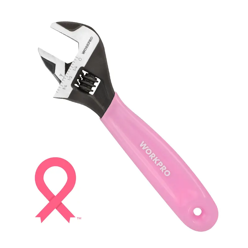 WORKPRO 6-Zoll-Verstellbarer Schlüssel aus Chrom-Vanadium-Stahl in Rosa, breiter Backen mit schwarzer Oxidbeschichtung, metrische und SAE-Maßskalen – Rosa Schleife