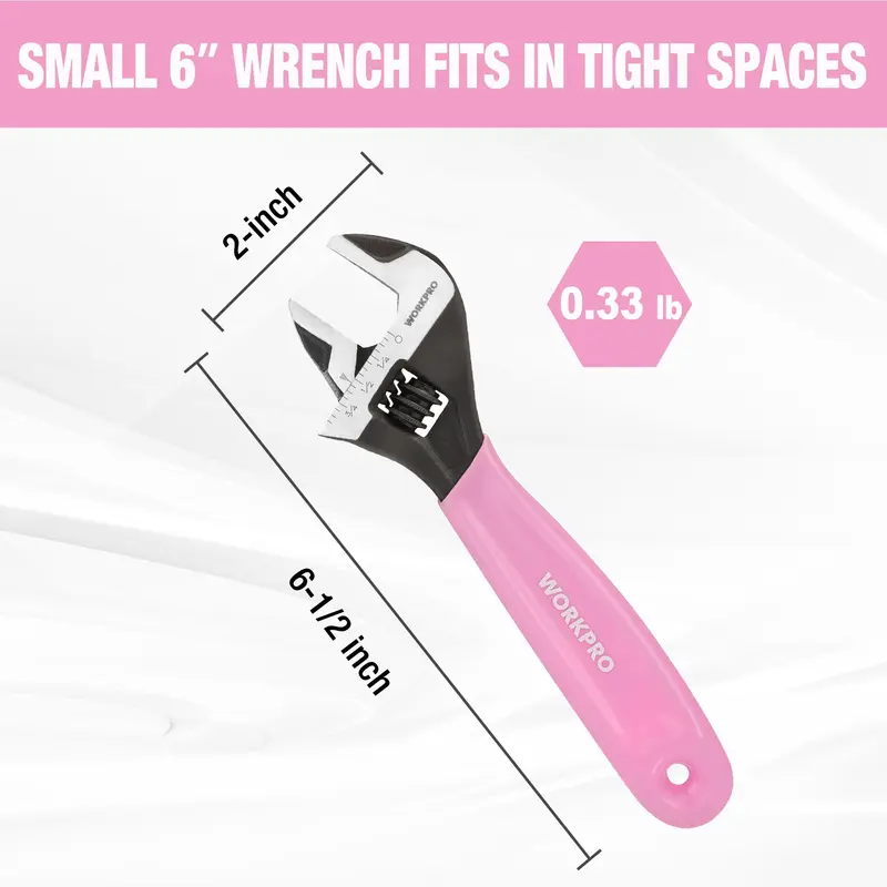 WORKPRO 6-Zoll-Verstellbarer Schlüssel aus Chrom-Vanadium-Stahl in Rosa, breiter Backen mit schwarzer Oxidbeschichtung, metrische und SAE-Maßskalen – Rosa Schleife 2