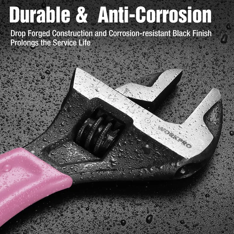WORKPRO 6-Zoll-Verstellbarer Schlüssel aus Chrom-Vanadium-Stahl in Rosa, breiter Backen mit schwarzer Oxidbeschichtung, metrische und SAE-Maßskalen – Rosa Schleife