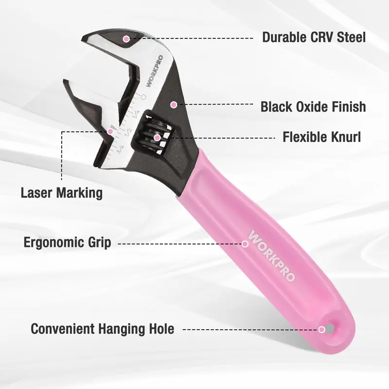 WORKPRO 6-Zoll-Verstellbarer Schlüssel aus Chrom-Vanadium-Stahl in Rosa, breiter Backen mit schwarzer Oxidbeschichtung, metrische und SAE-Maßskalen – Rosa Schleife