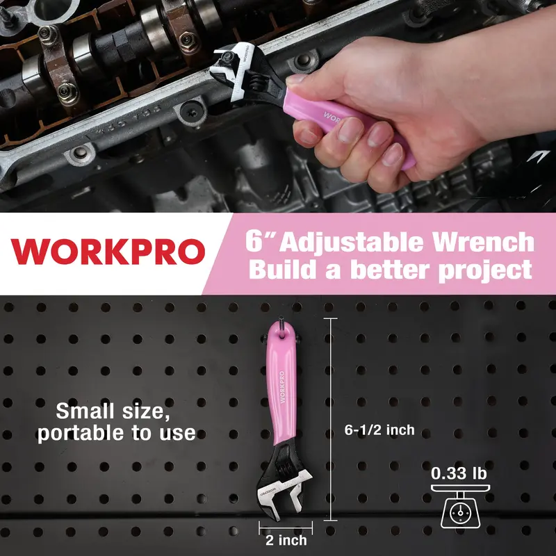 WORKPRO 6-Zoll-Verstellbarer Schlüssel aus Chrom-Vanadium-Stahl in Rosa, breiter Backen mit schwarzer Oxidbeschichtung, metrische und SAE-Maßskalen – Rosa Schleife