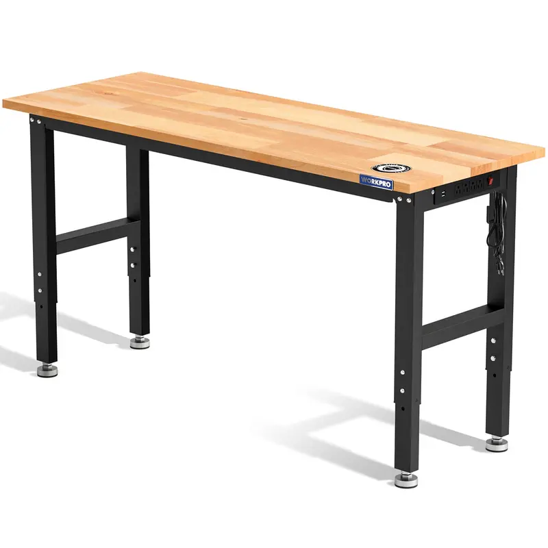 WORKPRO 60" x 24" verstellbare Werkbank mit 680 kg Traglast, Massivholz-Arbeitstisch mit Steckdosen und ausgleichbaren Füßen