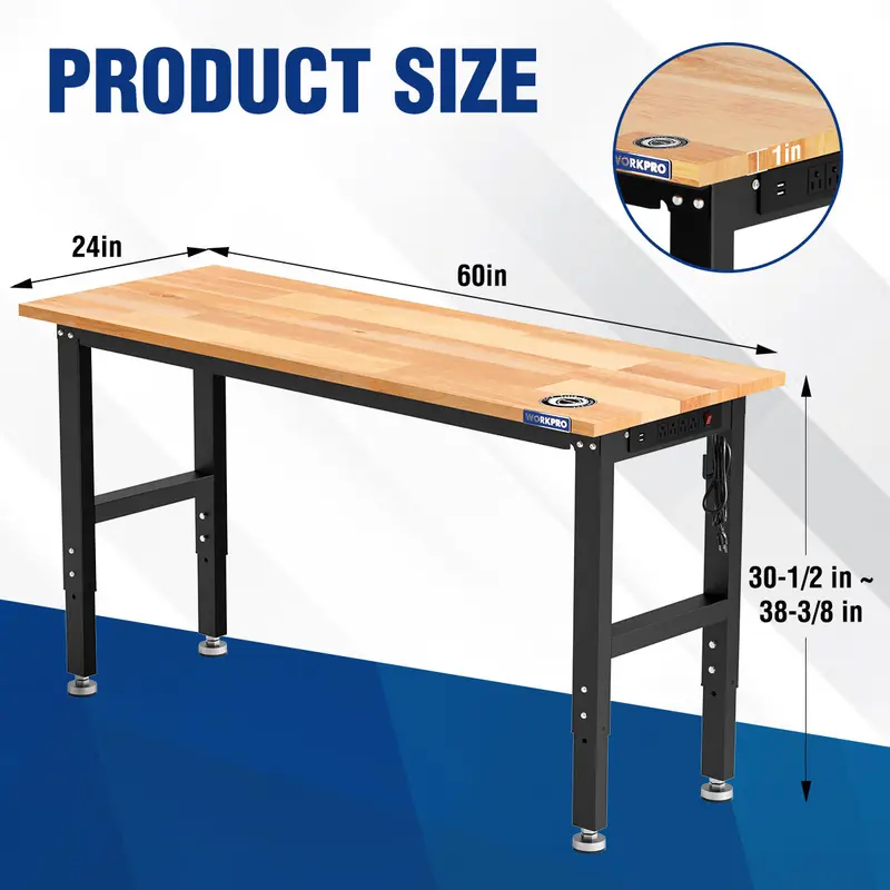 WORKPRO 60" x 24" verstellbare Werkbank mit 680 kg Traglast, Massivholz-Arbeitstisch mit Steckdosen und ausgleichbaren Füßen 2