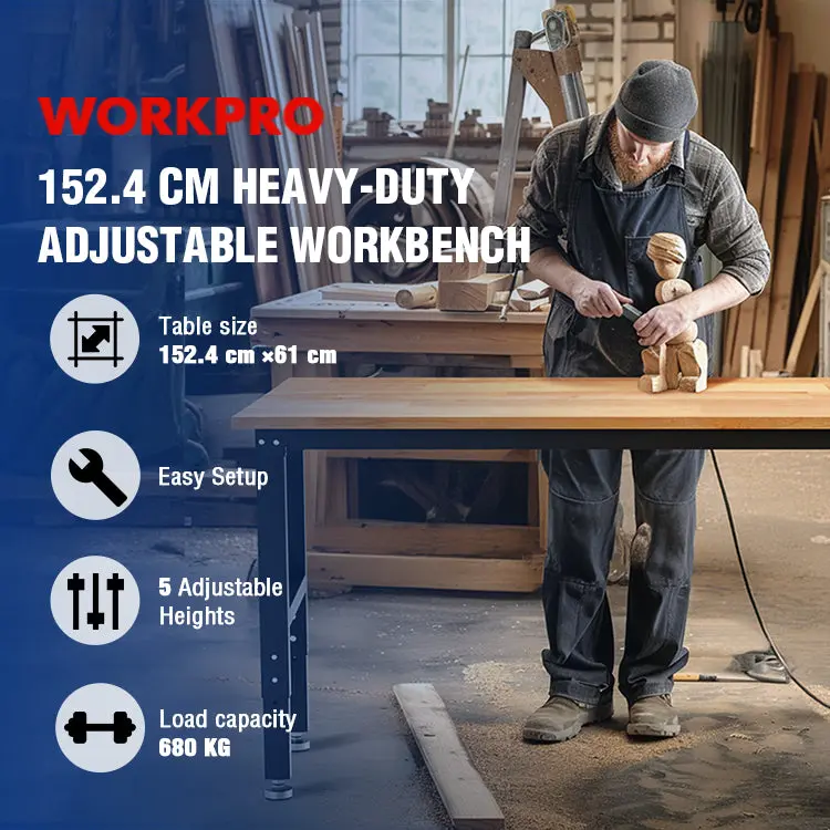 WORKPRO 60" x 24" verstellbare Werkbank mit 680 kg Traglast, Massivholz-Arbeitstisch mit Steckdosen und ausgleichbaren Füßen