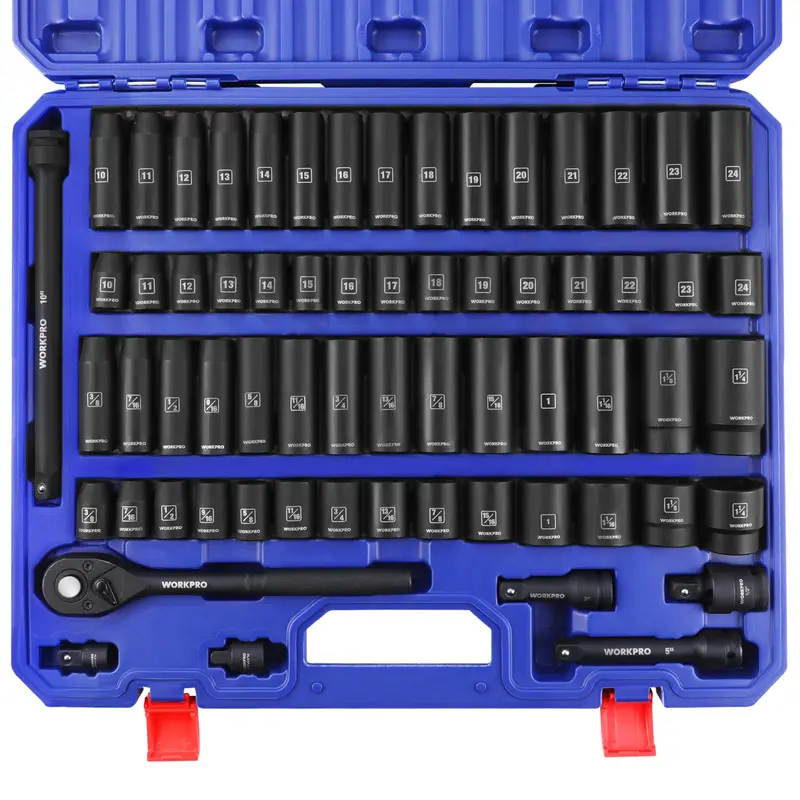 WORKPRO 65-teiliges 1/2"-Anschlagbuchsen-Set, SAE- und metrisches Tief- und Flachbuchsen-Set
