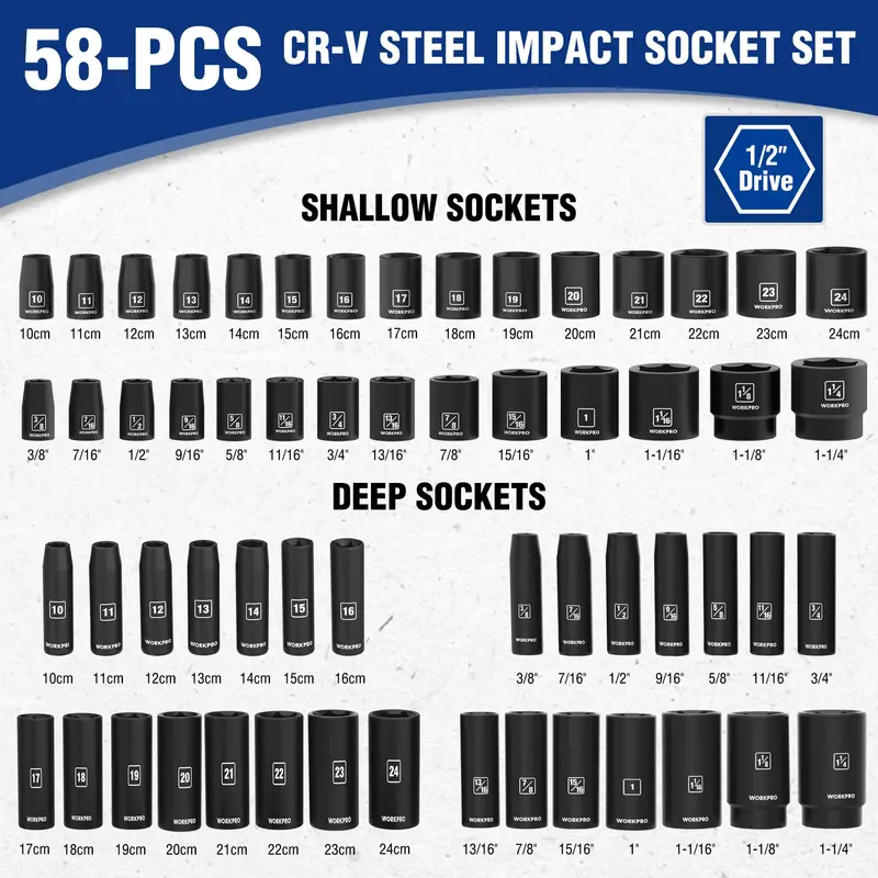 WORKPRO 65-teiliges 1/2"-Anschlagbuchsen-Set, SAE- und metrisches Tief- und Flachbuchsen-Set 2