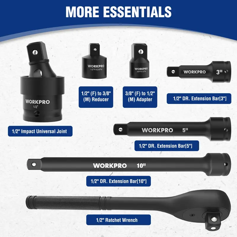 WORKPRO 65-teiliges 1/2"-Anschlagbuchsen-Set, SAE- und metrisches Tief- und Flachbuchsen-Set