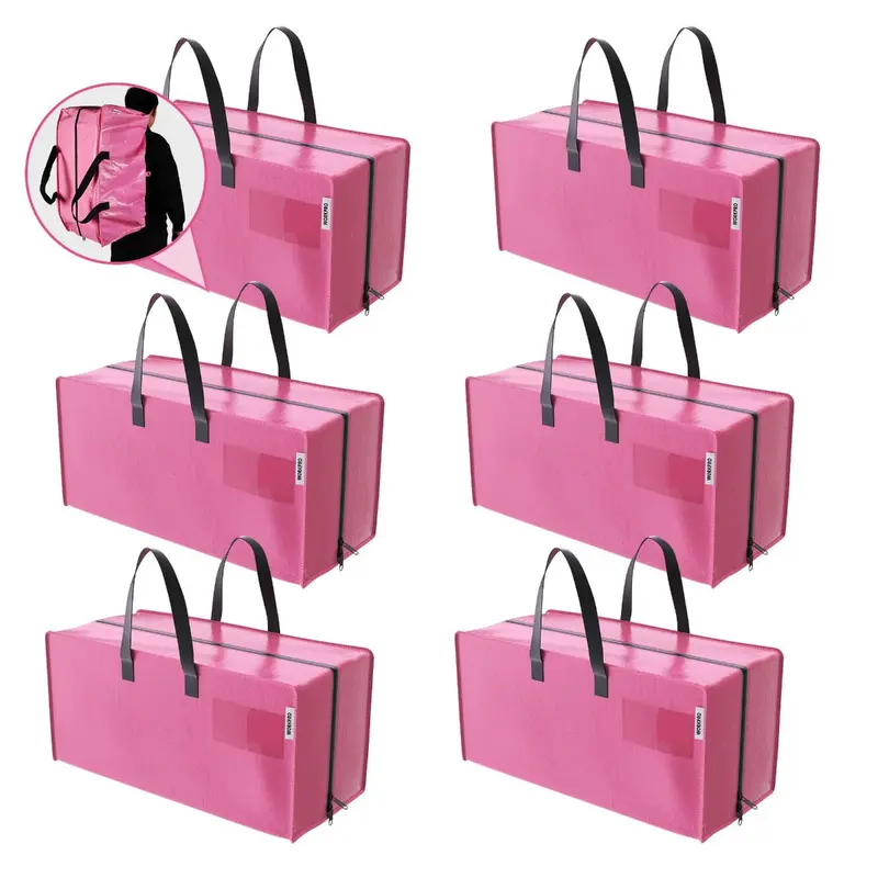 WORKPRO 6er-Pack extra große, robuste Aufbewahrungs- und Umzugstaschen mit Reißverschlüssen und Tragegriffen sowie Rucksackgurten – Pink Ribbon