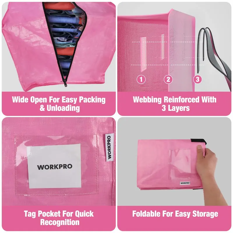 WORKPRO 6er-Pack extra große, robuste Aufbewahrungs- und Umzugstaschen mit Reißverschlüssen und Tragegriffen sowie Rucksackgurten – Pink Ribbon
