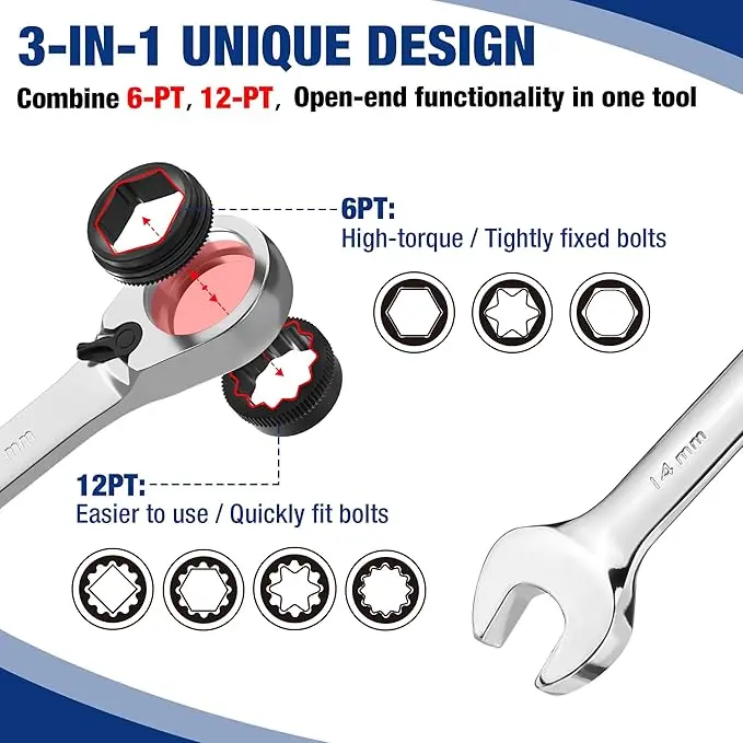 WORKPRO 7-teiliges 3-in-1 umschaltbares Ratschen-Schraubenschlüssel-Set 2