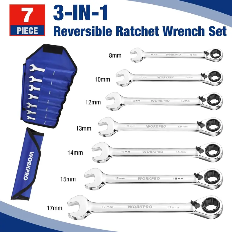 WORKPRO 7-teiliges 3-in-1 umschaltbares Ratschen-Schraubenschlüssel-Set
