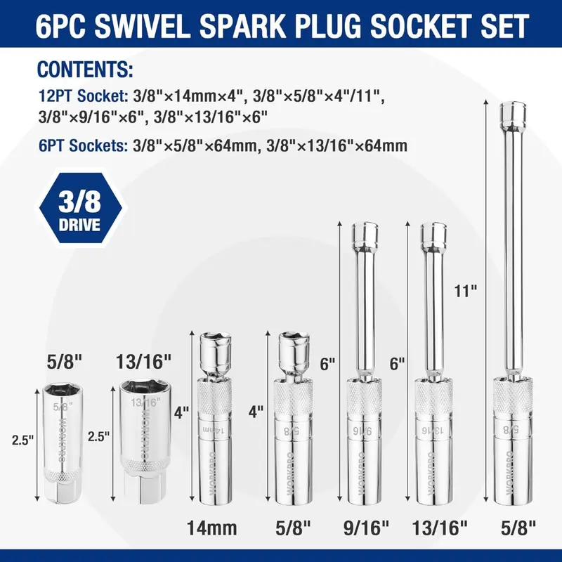 WORKPRO 7-teiliges magnetisches Schwenk-Zündkerzen-Steckschlüssel-Set