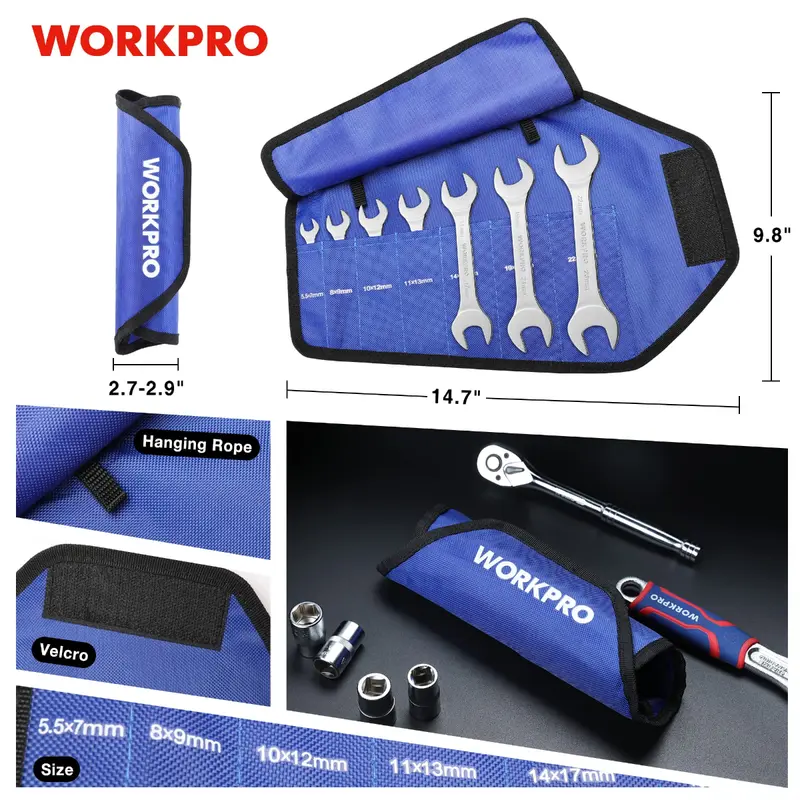 WORKPRO 7-teiliges metrisches Super-Dünn-Schraubenschlüssel-Set mit Aufrolltasche