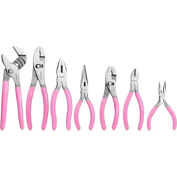 WORKPRO 7-teiliges Zangen-Set mit Gelenkzange, Langnasenzange, Schraubgelenkzange, Elektrikerzange und Seitenschneider für Heimwerker & Haushalt – Rosa Band