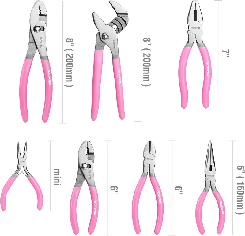 WORKPRO 7-teiliges Zangen-Set mit Gelenkzange, Langnasenzange, Schraubgelenkzange, Elektrikerzange und Seitenschneider für Heimwerker & Haushalt – Rosa Band
