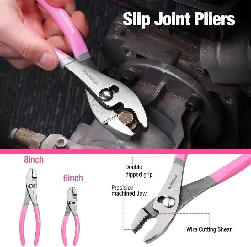 WORKPRO 7-teiliges Zangen-Set mit Gelenkzange, Langnasenzange, Schraubgelenkzange, Elektrikerzange und Seitenschneider für Heimwerker & Haushalt – Rosa Band