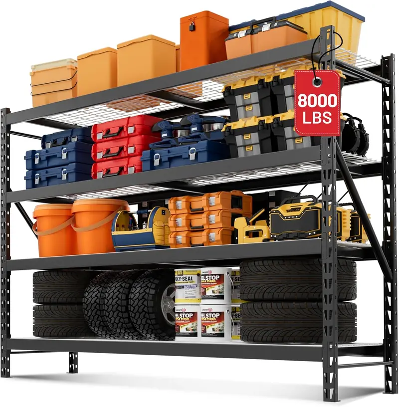 WORKPRO 77" B x 24" T x 72" H, 4-Ebenen-schwarzes Extra-breites verstellbares Garagenregal mit 8.000 lbs Tragkraft für Lagerhallen, Keller und mehr