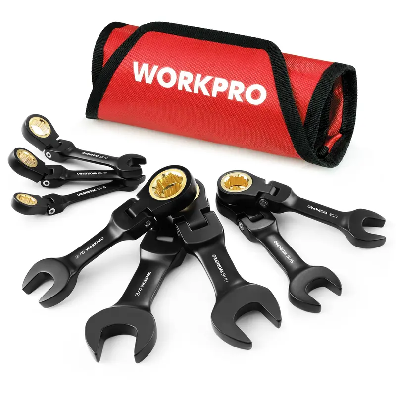 WORKPRO 8-teiliges Flex-Kopf-Stummel-Schraubenschlüssel-Set mit rutschfestem Ratschenmechanismus und Aufbewahrungstasche
