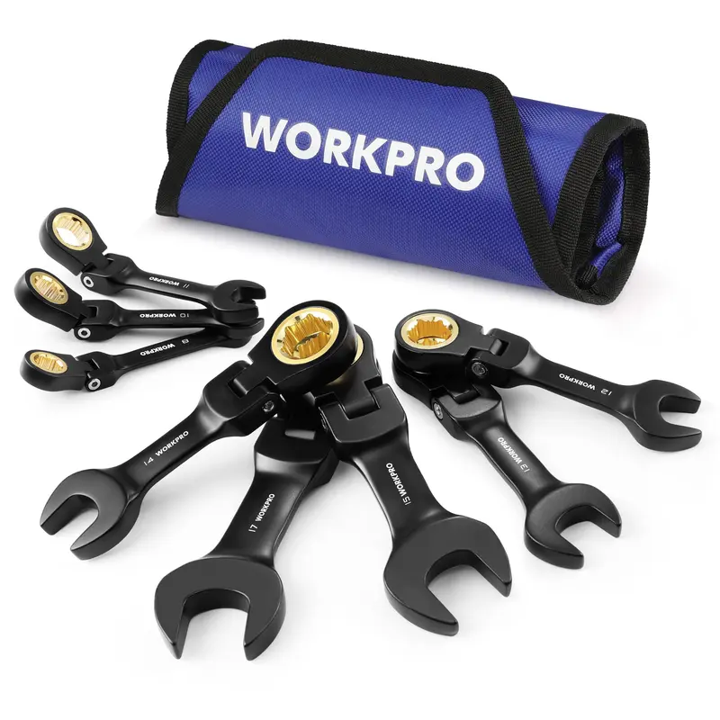 WORKPRO 8-teiliges Flex-Kopf-Stummel-Schraubenschlüssel-Set mit rutschfestem Ratschenmechanismus und Aufbewahrungstasche