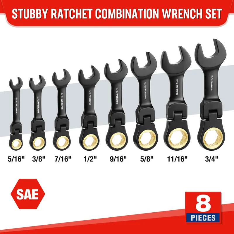WORKPRO 8-teiliges Flex-Kopf-Stummel-Schraubenschlüssel-Set mit rutschfestem Ratschenmechanismus und Aufbewahrungstasche