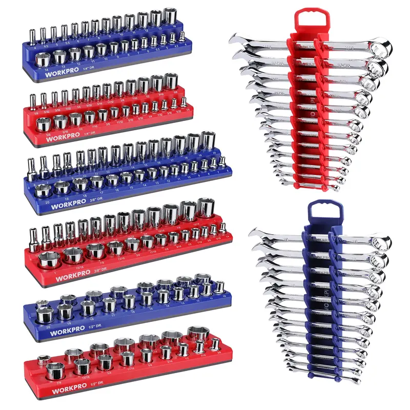 WORKPRO 8-teiliges magnetisches Steckschlüssel-Organisationssystem sowie Metrisches und SAE-Schlüssel-Organisationssystem – für 1/4", 3/8" und 1/2" Antrieb, Steckschlüssel- und Schlüsselhalter (Steckschlüssel und Schlüssel nicht im Lieferumfang enthalten)