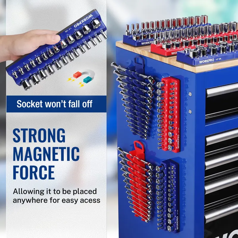 WORKPRO 8-teiliges magnetisches Steckschlüssel-Organisationssystem sowie Metrisches und SAE-Schlüssel-Organisationssystem – für 1/4", 3/8" und 1/2" Antrieb, Steckschlüssel- und Schlüsselhalter (Steckschlüssel und Schlüssel nicht im Lieferumfang enthalten)
