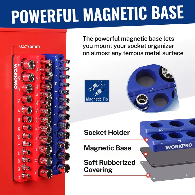 WORKPRO 8-teiliges magnetisches Steckschlüssel-Organisationssystem sowie Metrisches und SAE-Schlüssel-Organisationssystem – für 1/4", 3/8" und 1/2" Antrieb, Steckschlüssel- und Schlüsselhalter (Steckschlüssel und Schlüssel nicht im Lieferumfang enthalten)