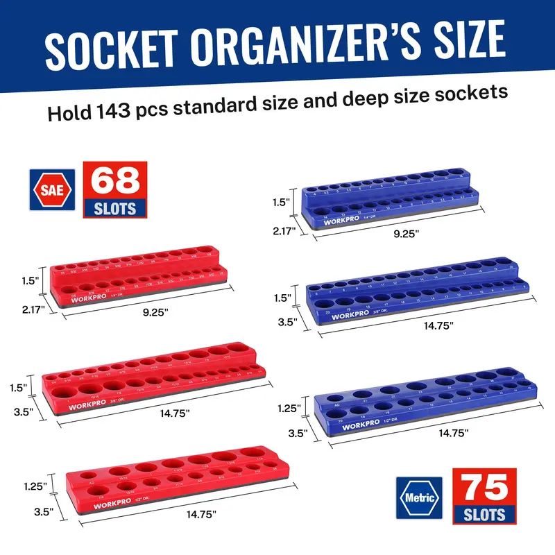 WORKPRO 8-teiliges magnetisches Steckschlüssel-Organisationssystem sowie Metrisches und SAE-Schlüssel-Organisationssystem – für 1/4", 3/8" und 1/2" Antrieb, Steckschlüssel- und Schlüsselhalter (Steckschlüssel und Schlüssel nicht im Lieferumfang enthalten)